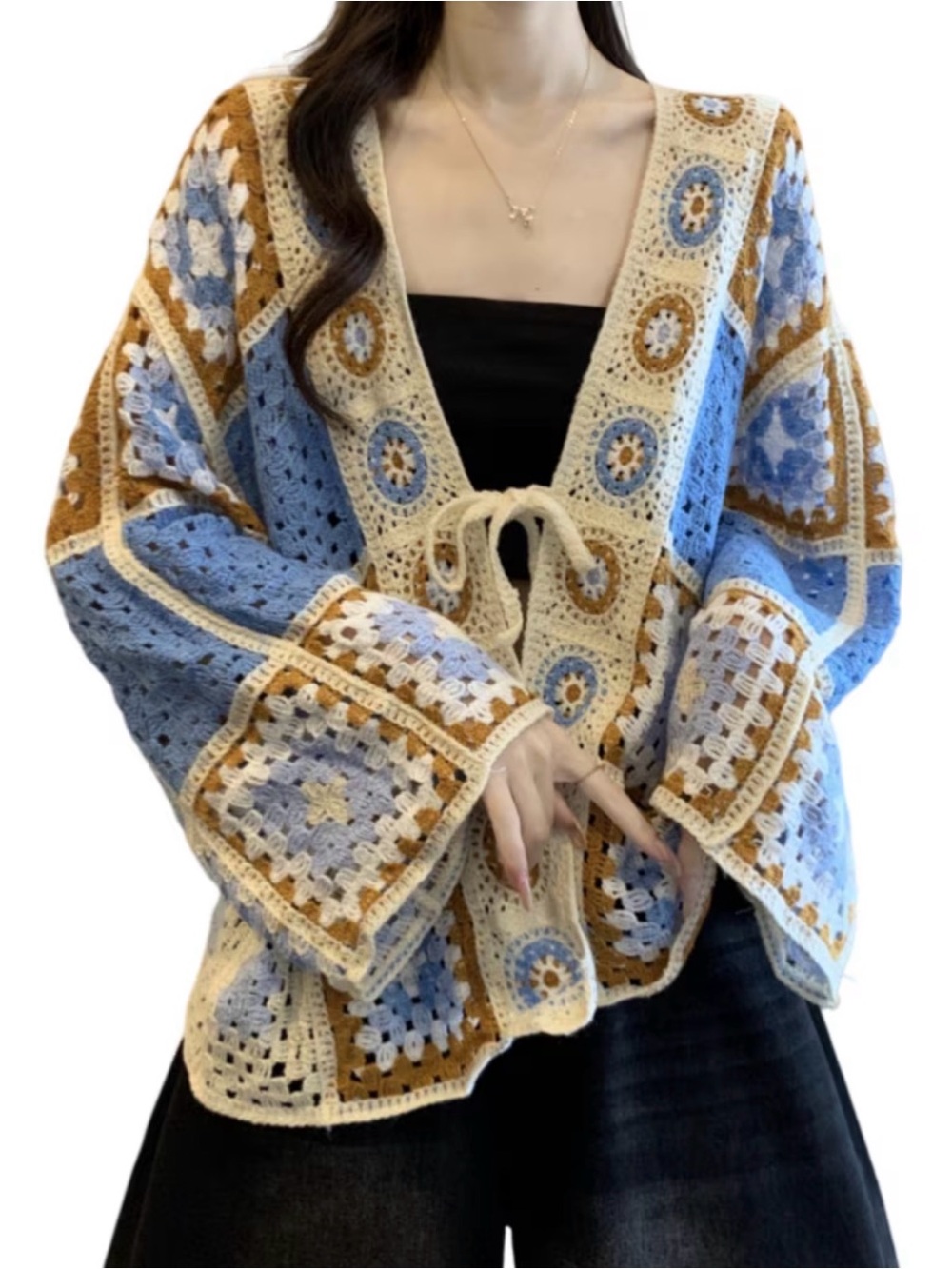 Boho Crochet Patchwork Cardigan Sweater - Multicolor Blue New One Size Fits Most - Picture 2 of 6